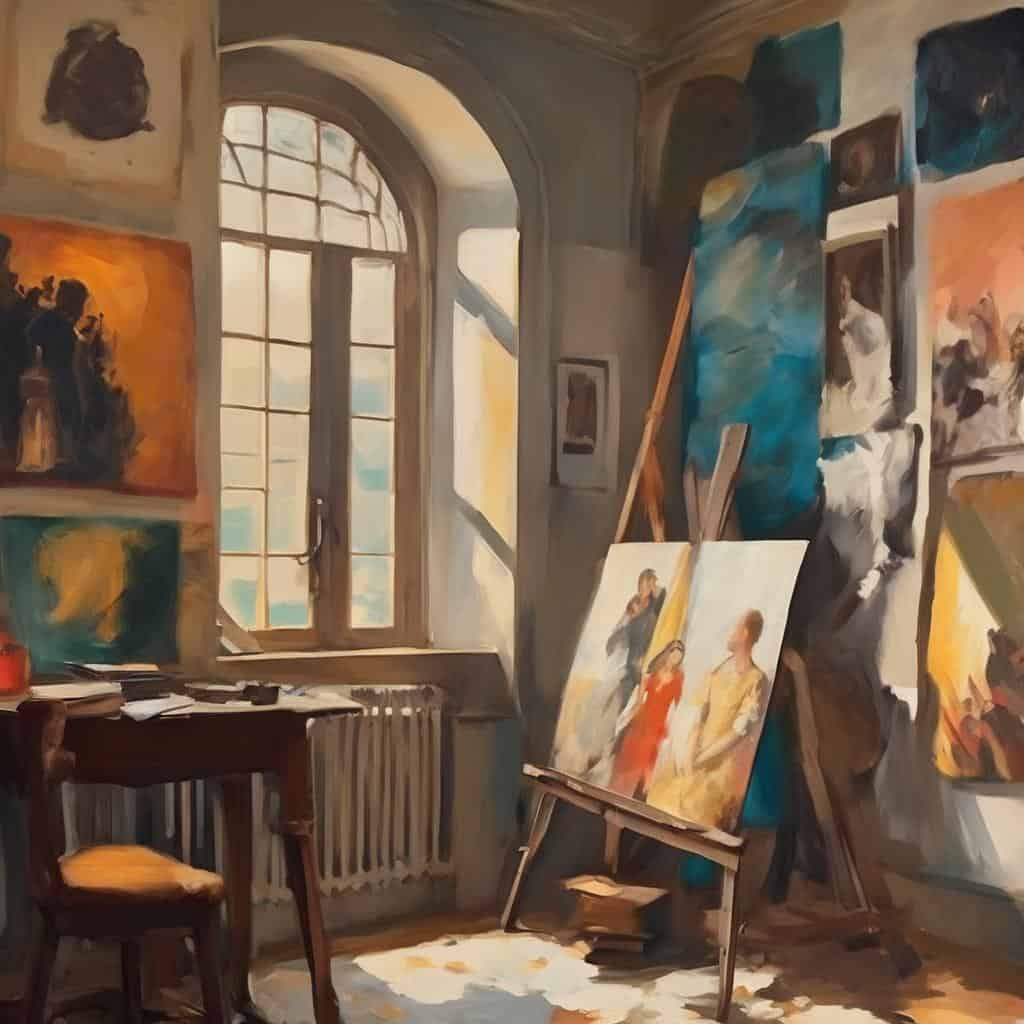 Ζωγραφική στο εσωτερικό στούντιο με παράθυρο και καμβάδες, εικόνες με φως και σκιά, καλλιτεχνική έκφραση και δημιουργικότητα.