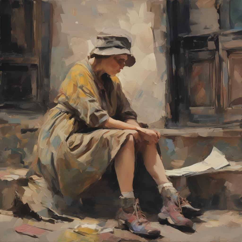 Καλλιτεχνικό έργο με γυναίκα που καθισμένη στην πόρτα, παίζει με το φως και τη σκιά, αποδίδοντας την τέχνη του φωτός και της σκιάς, σε ρεαλιστικό ύφος.