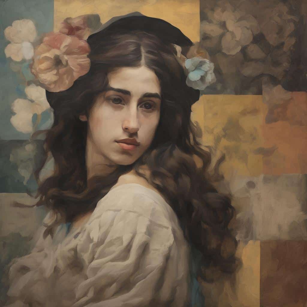 ζεστή και ατμοσφαιρική απεικόνιση μιας νεαρής γυναίκας με σκοτεινά, κυματιστά μαλλιά και φωνή με φόντο καλλιτεχνικό ανάγλυφο σε φωτεινές και σκιασμένες αποχρώσεις, αναδεικνύοντας την τέχνη του φωτός και της σκιάς.