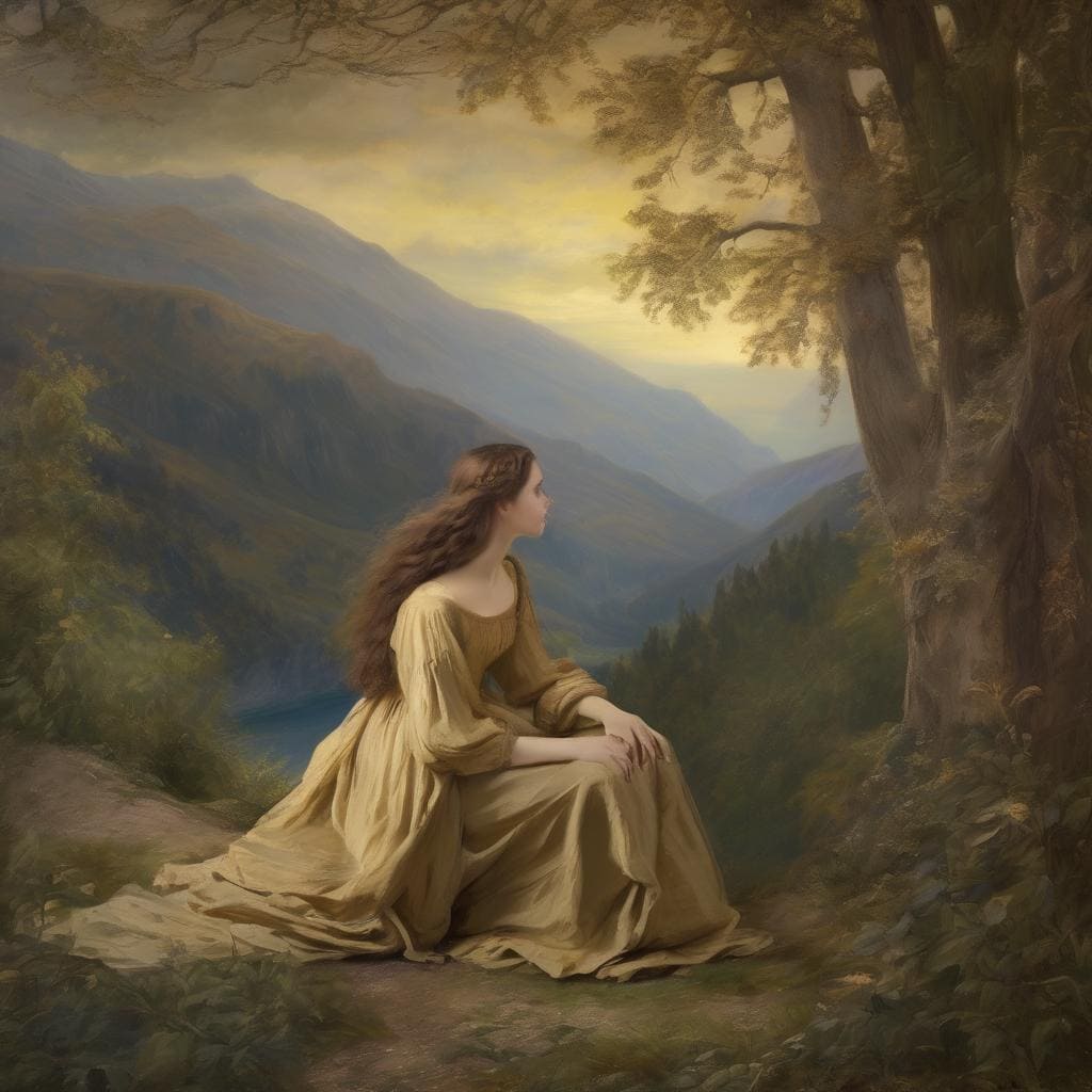 Ομορφη νεαρή γυναίκα κάθεται σε φυσικό τοπίο βουνού και δάσους, περιτριγυρισμένη από φθινοπωρινά δέντρα και γαλήνιο τοπίο, απολαμβάνοντας το φως και τη σκιά στη φύση.