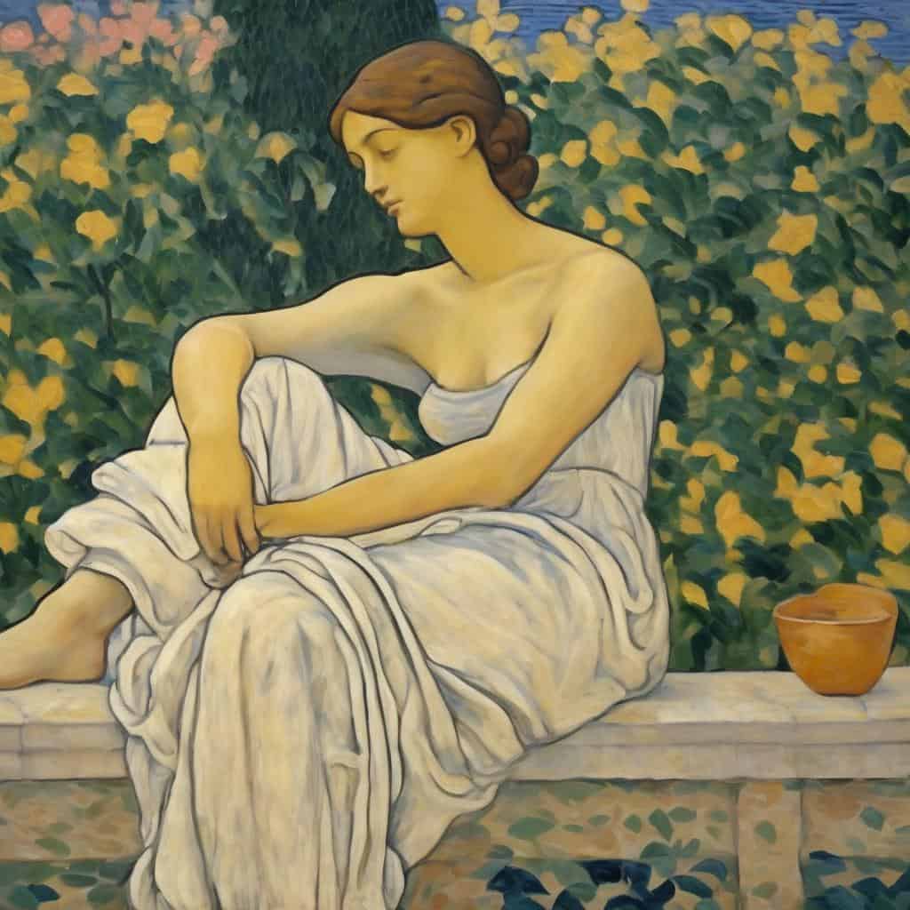 Αντίγραφο από τη ζωγραφική "Η τέχνη του φωτός και της σκιάς", απεικονίζει μια γυναικεία φιγούρα καθισμένη σε πέτρα με σκιά και φως, γύρω της πράσινα φυτά και λουλούδια, χρησιμοποιώντας την τέχνη φωτός και σκιάς.