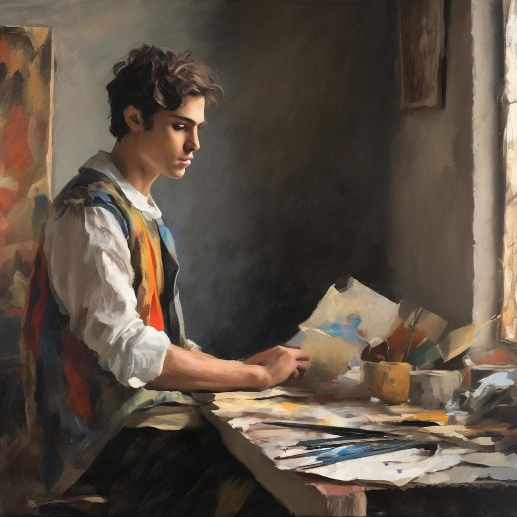 Φωτογραφία εικονογράφησης νέου καλλιτέχνη εργάζεται στο εργαστήρι, με έμφαση στη τέχνη του φωτός και της σκιάς, δημιουργώντας πίνακες ζωγραφικής σε ένα δημιουργικό και ήρεμο περιβάλλον.